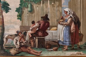 Talonpoikaperhe pöydän ääressä, maalaismaisten kohtausten huoneesta, Foresteriassa (vierastalo) 1757 (fresko)