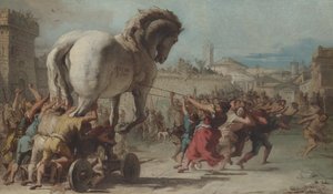 Troijan hevosen kulkue Troijassa, n. 1760 (öljy kankaalle) tekijältä Giandomenico (1727 1804) Tiepolo