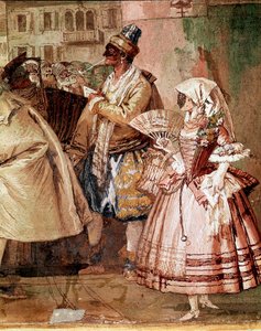 Venetsialaiset naamiot Yksityiskohta Giandomenico Tiepolon (1727-1804) freskosta 1700-luvun Vicenza, Villa Valmarana