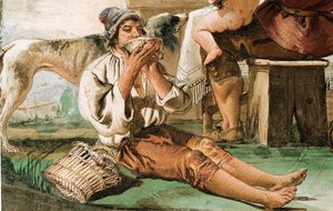 Yksityiskohta talonpoikaperheestä pöydässä, maalaismaisten kohtausten huoneesta, Foresteriassa, 1757 tekijältä Giovanni Domenico Tiepolo