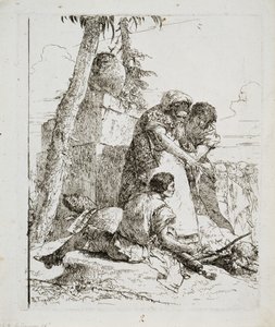 Taikuri osoittaa palavan pään kahdelle nuorelle, c. 1740-luku tekijältä Giovanni Domenico Tiepolo