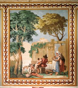Talonpoikaperhe pöydässä, maalaismaisten kohtausten huoneesta, Foresteriassa (vierastalo) 1757 tekijältä Giovanni Domenico Tiepolo