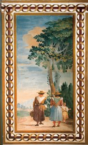 Kolme talonpoikaa takaa nähtynä, maalaismaisten kohtausten huoneesta, Foresteriassa, 1757 tekijältä Giovanni Domenico Tiepolo