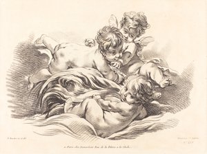 Kolme kerubia leikkimässä Dolphin Like Wavella tekijältä Gilles Demarteau, the Elder after François Boucher