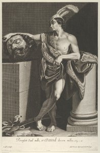 Daavid seisoo jalat ristissä ja pitelee Goljatin päätä jalustalla l..., n. 1635-45.