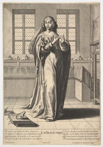 Dialektiikka: nuori nainen seisoo sisustetussa sisustuksessa ja koskettaa oikeaa hakemistoaan ..., 1633-35. tekijältä Gilles Rousselet