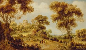 Laaja metsäinen maisema Kristuksen kanssa tiellä Emmaukseen, n. 1609-29