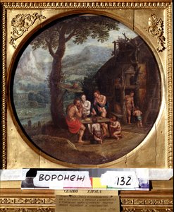 Henokin (tai Henokin tai Enokin tai Henokin) perhe. Enochin perhe. Gillis Mostaertin (1534-1598) maalaus. Hollantilainen taide, manierismi. Öljy kankaalle. Ivan Kramskoy (tai Kramskoi) taidemuseo Voronezhissa (Voronezh), Venäjä.