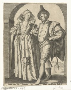 Mies ja nainen pukeutuneena vuosien 1590-1600 muodin mukaan