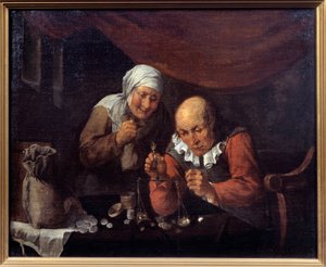 Ahne vanhojen miesten pariskunta punnitsemassa omaisuuttaan. Gillis Van Tilborghin (tai Tilborchin) maalaus