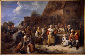 Kyläjuhla Scene party kylässä, talonpojat ovat ihastuttavia. Gillis Van Tilborgh (Tilborch) nuoren (1625-1678) 1600-luvun Rouenin maalaus. Kuvataidemuseo