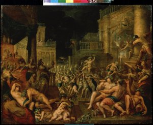 Midaksen juhla Bacchuksen ja Silenuksen kunniaksi. Gillis van Valckenborchin (1570-1622) maalaus. Öljy puulle, Mitat: 61,6 x 78,7 cm Flanderin barokkityylistä taidetta. Pushkinin taidemuseo, Moskova. tekijältä Gillis van Valckenborch