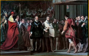 Espanjalainen Philip II tunnustaa Henrik IV:n Ranskan kuninkaaksi Gillot Saint Evren (1791-1858) maalaus 1837 su. 0,17x0,71 m