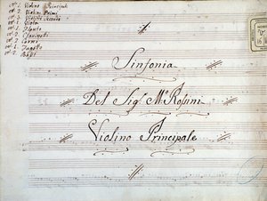 Yksityiskohta Gioacchino Rossinin sinfonian viulumusiikkikappaleen ensimmäisestä sivusta tekijältä Gioachino Rossini