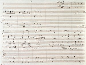 Sivu Le Comte Oryn musiikkikappaleesta Gioacchino Rossinin käsinkirjoitetuilla korjauksilla tekijältä Gioachino Rossini