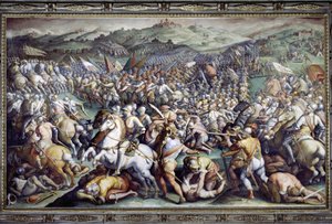 Scannagallon taistelu Valdichianassa (Val di Chiana). Giorgio Vasarin ja hänen studionsa (1511-1574) fresko. Palazzo Vecchio (Salone dei Cinquecento).