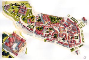 Näkymä Guimaraesin kaupungista: vasemmalla 1100-luvulla rakennettu linna ja luostari. Portugali. Kuvitus: Giorgio Albertini. (Tämän tekijän teosten käyttö ei edellytä kolmannen osapuolen lupahakemusta tai t tekijältä Giorgio Albertini