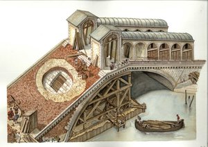 Arkkitehtuuri: Rialton sillan rakennustyömaa vuosina 1588-1591 Venetsiassa, Italiassa. Kuvitus: Giorgio Albertini (Tämän tekijän teosten käyttö ei edellytä kolmannen osapuolen lupaa tai lisäkorvausten maksamista.). tekijältä Giorgio Albertini