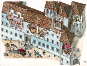 Barokkitaide: näkymä ja arkkitehtoninen osa Chigi a Ariccian palatsista, Lazio, 1600-luvulla. Perhehuoneiden sisätilat ja palvelusväen riippuvuussuhteet ovat näkyvissä. Italia tekijältä Giorgio Albertini