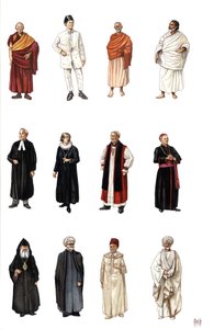 Eri uskontojen papiston jäsenten, buddhalaisen munkin, ortodoksin, kardinaalin, protestanttisen pastorin, puvut ja puvut.