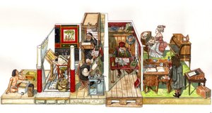 Kirjoitustaiteen, toimistojen ja kirjoitusten kehitys: vasemmalta oikealle, kirjuri muinaisessa Egyptissä, antiikissa, sitten keskiaikainen scriptorium (kopistimunkki), tutkimusmatkailija, joka työskentelee toimistossaan, Ludvig XIV:n tyylinen toimisto (17 tekijältä Giorgio Albertini
