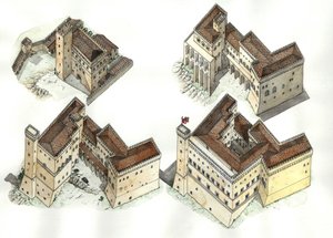 Keskiaika: ilmakuva Vatikaanin palatsin (Vaticano) rakentamisen eri vaiheista 1200-1500-luvuilla. Rooma Italia tekijältä Giorgio Albertini