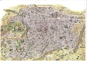 Keskiaika: yksityiskohtainen ilmakuva Samarkandin (Samarkand) kaupungista, valleja näkyy, Uzbekistanissa mongolien Chaybanid-dynastian aikaan. 1450 Keski-Aasian ympärillä. Kuvitus: Giorgio Albertini. (Tämän kirjoittajan teosten käyttö on tekijältä Giorgio Albertini