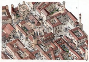 Keskiaika: Barcelonan historiallisen Barri Goticin (barrio gotico) kaupunginosan jälleenrakentaminen 1300-luvulla. Cathedrale Sainte-Eulalie (Pyhä Eulalie) on näkyvissä. Espanja Kuvitus: Giorgio Albertini. (Tämän tekijän teosten käyttö ei ole sallittua.) tekijältä Giorgio Albertini