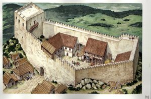Keskiajalla: Montsegurin kataarilinnan (valmistui 1200-luvulla) jälleenrakennus, Ariege, Ranska. tekijältä Giorgio Albertini