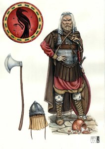Keskiajalla: Varangian guardin (tai varegue guard) sotilas, Bysantin armeijan eliittijoukkojen sotilas.