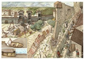 Keskiaika: Viterbon kaupungin (Viterbo) piiritys Rooman lähellä, jota himoitsivat paavin kannattajat gelfit ja keisari Fredrik II Hohenstaufenin (1194-1250) armeijan kannattajat gibeliinit vuonna 1240. Italia. Vasemmalla alla on kuvaus
