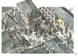 Keskiaika: näkymä Genesin kauppias-aateliston palatsiin (Curia tai curia) 1400-luvulla, katukuvia, Italia Giorgio Albertinin kuvitus. tekijältä Giorgio Albertini