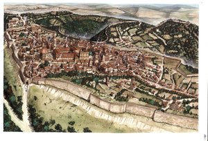 Keskiaika: näkymä Volterran keskiaikaisesta kaupungista, jota ympäröivät muurit 1300-luvulla. Toscana. Italia Kuvitus: Giorgio Albertini. (Tämän tekijän teosten käyttö ei edellytä kolmannen osapuolen lupahakemusta tai t tekijältä Giorgio Albertini