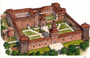 Yleiskatsaus Sforzan linnaan (Castello Sforzesco), jonka herttua Francesco Sforza rakennutti 1400-luvulla Milanossa, Italiassa. tekijältä Giorgio Albertini