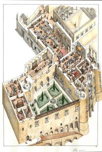Urbinon herttuan palatsin jalon lattian rekonstruktio, Italia. Sen rakennutti Urbinon herttua Federico da Montefeltro (Frederic de Montefeltre, Urbinon herttua) 1400-luvulla. tekijältä Giorgio Albertini