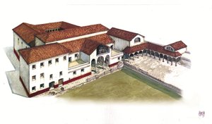 Roman Antiquite: meriportin (domus di porta marina) paikan rekonstruointi Ostia anticassa (antiikin Ostia) 4. vuosisadalla Italiassa. tekijältä Giorgio Albertini