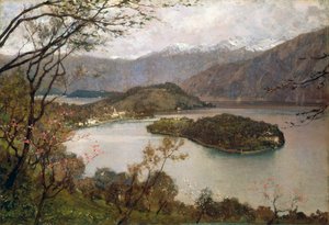 Näkymä Comacinan saarelle, Comojärvelle, Giorgio Belloni (1861-1944), öljy kankaalle, 69,5x100 cm tekijältä Giorgio Belloni
