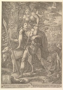 Metsästyksen allegoria, metsästäjä, jolla on suuri keihäs ja kantaa naista Dianaa shou..., 1556. tekijältä Giorgio Ghisi