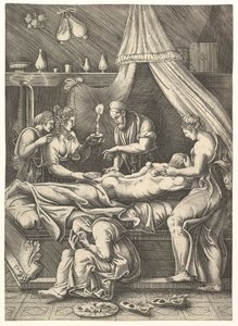 Allegoria sairaudesta, mies makaa sängyllä hahmojen ympäröimänä, n. 1540.