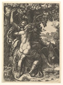 Angelica ja Medoro, pariskunta halaamassa, Medoro kaivertaa heidän nimensä..., n. 1570. tekijältä Giorgio Ghisi