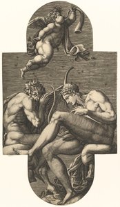 Apollo, Pan ja torvea puhaltava putto kahdeksan sävellyksen sarjasta Ranskan..., 1560-luvun jälkeen. tekijältä Giorgio Ghisi