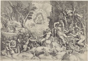 Cephalus en de Bosgoden beweenen de dood van Procris Ateenan kuninkaan Prokrinos / Kefaloksen tytär ja vaimo, saman aviomiehen toimesta tietämättään (otsikko esineessä)