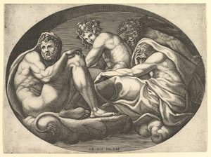 Hercules, Bacchus, Pan ja Saturnus, kahdeksan sävellyksen sarjasta Francesco P..., 1560-luvulla. tekijältä Giorgio Ghisi
