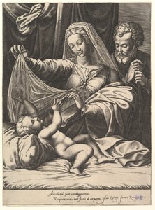 Madonna Loretolainen, Neitsyt nostaa verhon Lapsen päälle, joka makaa sängyllä ja tyynyllä..., 1575. tekijältä Giorgio Ghisi