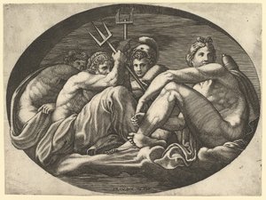 Pluto, Neptunus, Minerva ja Apollo, kahdeksan sävellyksen sarjasta Francesco P..., 1560-luvulta. tekijältä Giorgio Ghisi