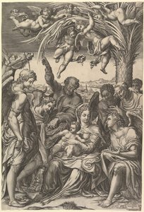 Lepää lennossa Egyptiin, pyhä perhe palmun alla enkelien ympäröimänä, laita..., 1578. tekijältä Giorgio Ghisi