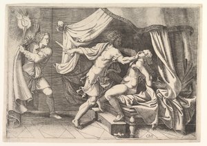Tarquin hyökkää Lucretian kimppuun, vasemmalla oleva palvelija, joka todistaa kohtausta, n. 1540. tekijältä Giorgio Ghisi