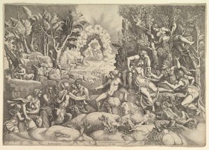 Prokriksen kuolema, Cephalus suree Prokriksen kuolemaa oikealla ympäröimänä..., noin. 1540. tekijältä Giorgio Ghisi