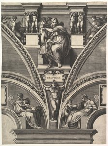 Delphic Sibyl, sarjasta Profeetat ja Sibylit Sikstuksen kappelissa, 1570-75. tekijältä Giorgio Ghisi