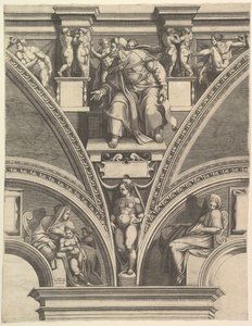 Profeetta Hesekiel, sarjasta Profeetat ja Sibylit Sikstuksen kappelissa, 1570-75. tekijältä Giorgio Ghisi